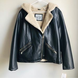 Women's Levi's Faux Leather Moto Sherpa Jacket Black Cream Size XL